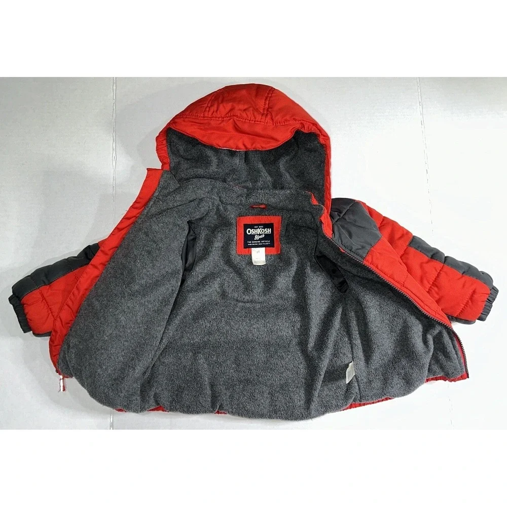 Oshkosh B'Gosh‎ Puffer Jacket 2T Red Gray Fleece Lined Jacket